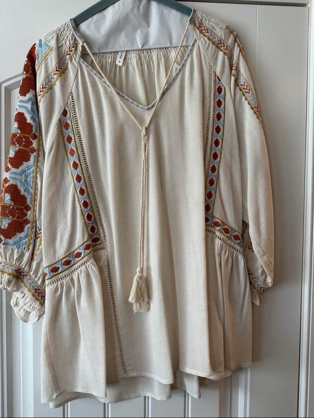 Cream Embroidered Boho Tunic Dress with Tassel Tie